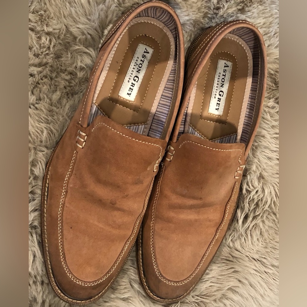 Stylish leather slip-on loafers by Aston Grey.  Barely worn; bottoms like new.